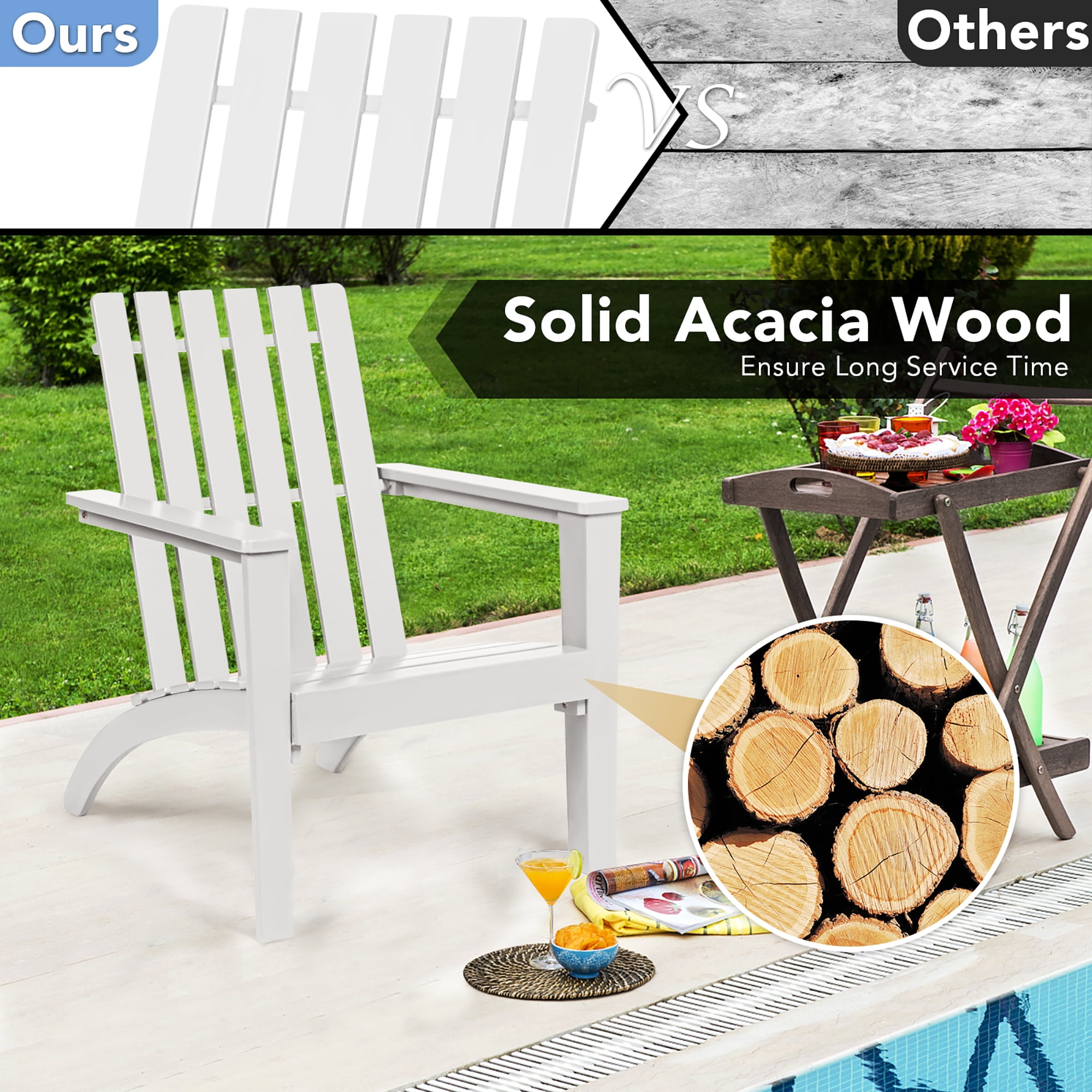 Costway Patio Adirondack Chair Acacia Wood Lounge Armrest Garden Deck White