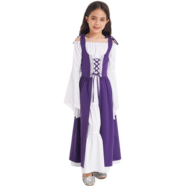 inhzoy Robe Rétro Renaissance pour Filles Princesse Médiévale Victorienne Manches Longues Évasées Lacée Robe Irlandaise Violette 16