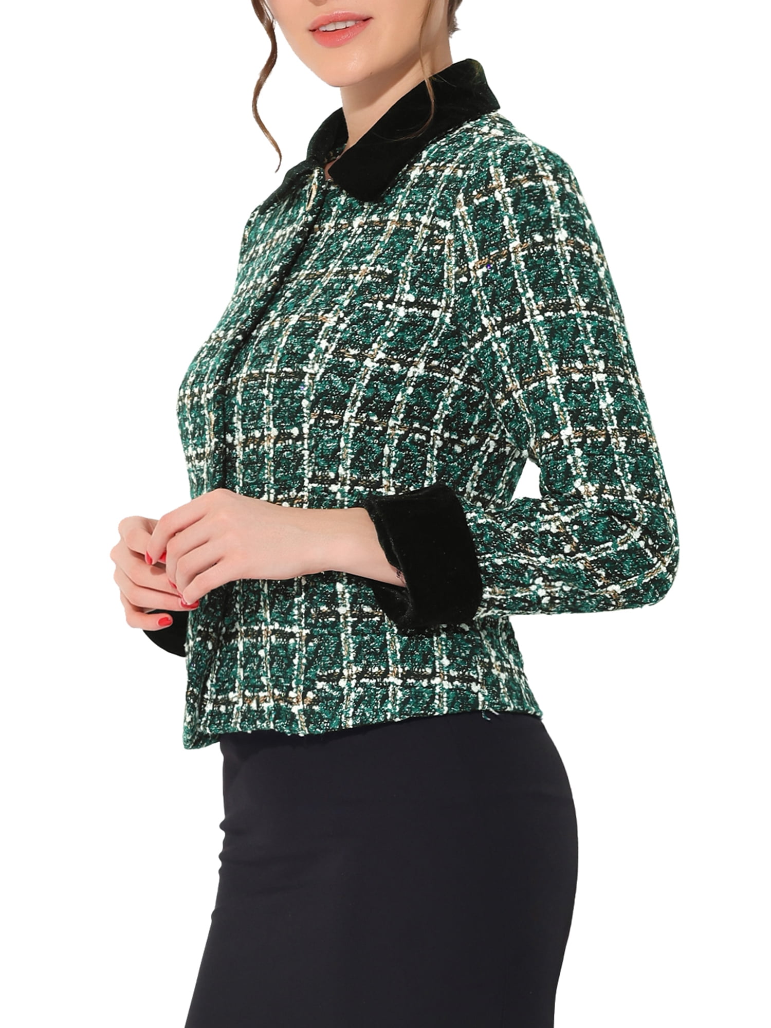 DARING DIVA Women's Elegant Velvet Collared Tweed Jacket Blazer L Green