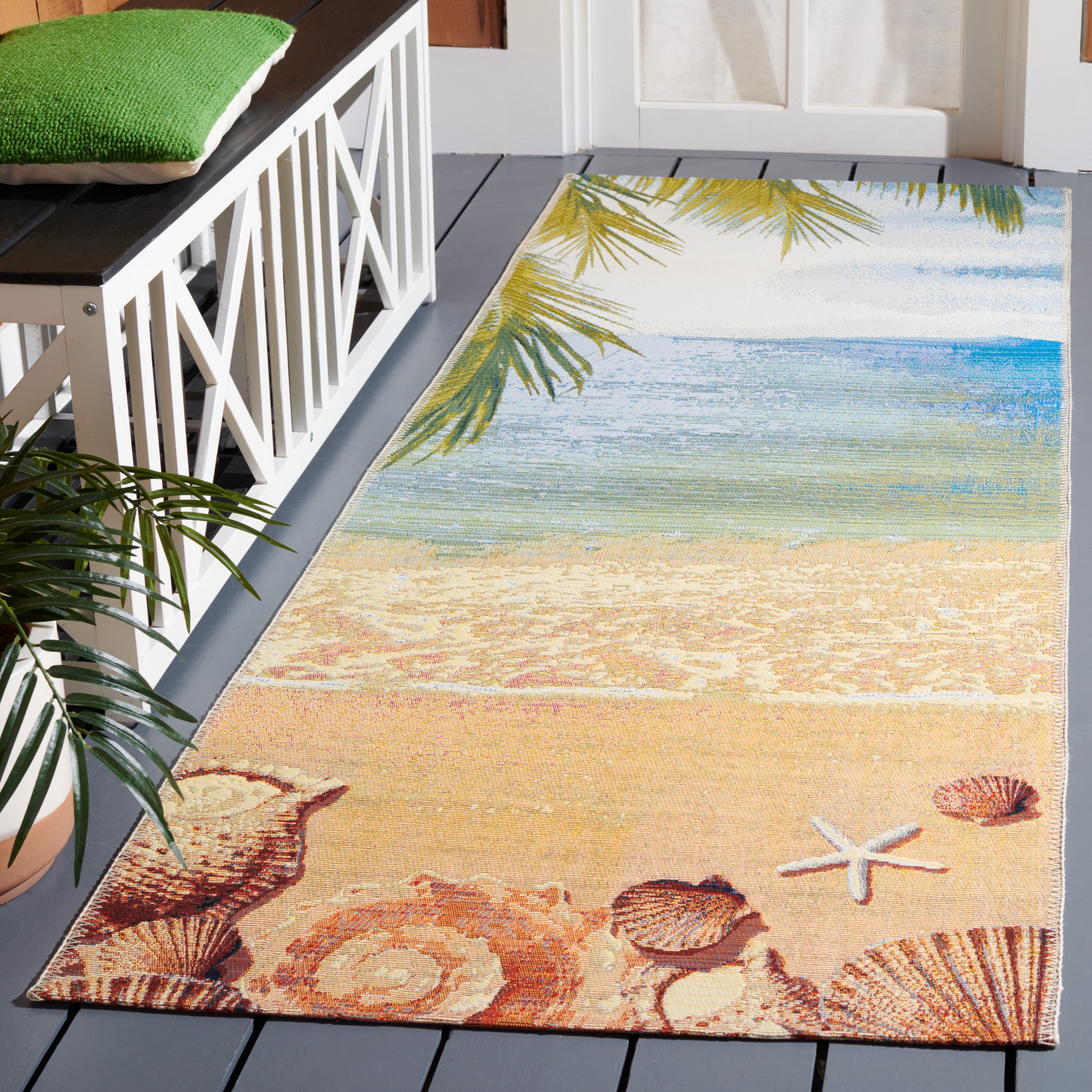 SAFAVIEH Barbados Sea Shells Outdoor Runner Rug, Gold/Blue, 2'8" x 10'5"