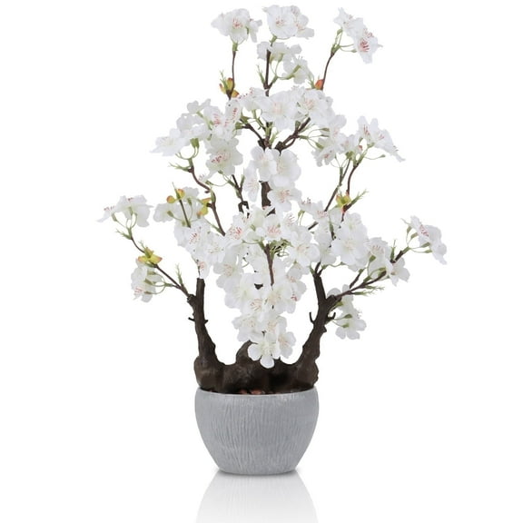 Small Artificial Cherry Floral Botanical Bonsai Tree Decor 17.7'' Tall White Faux Cherry Blossom Tree Potted Desk Display Bonsai Pot Decorative Artificial Floral Realistic Wood for Home Office Decor