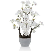Small Artificial Cherry Floral Botanical Bonsai Tree Decor 17.7'' Tall White Faux Cherry Blossom Tree Potted Desk Display Bonsai Pot Decorative Artificial Floral Realistic Wood for Home Office Decor