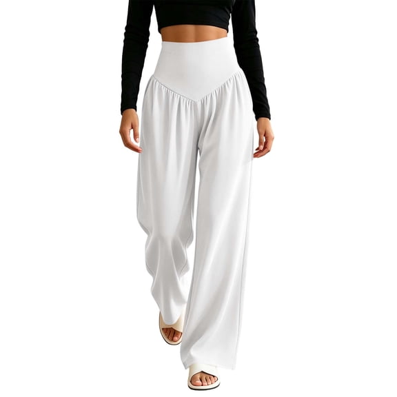 Khunlpohl Womens Casual Sports Pants Elastic High Waist Yoga Workout Wide Leg Pant Plain Loose Trousers with Pockets