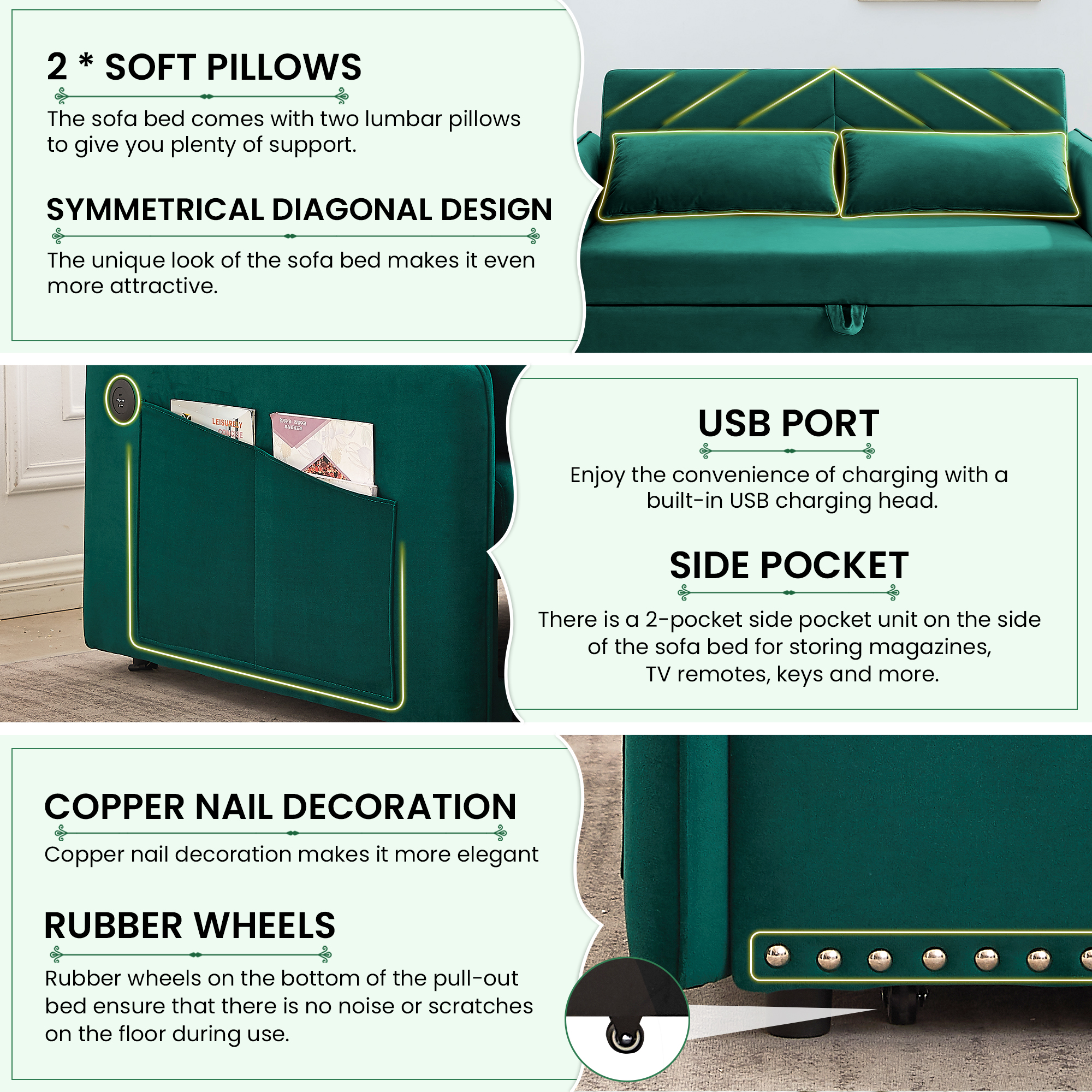 Dinosisco Convertible Sleeper Loveseat with USB, 55" Velvet Futon Sofa Bed, Green