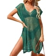 thumbnail image 5 of Franhais Women's Summer Bikini Cover-Up, Solid Color Crochet Hollow Short Sleeve V Neck Side Slit Hem Loose Dress, 5 of 9
