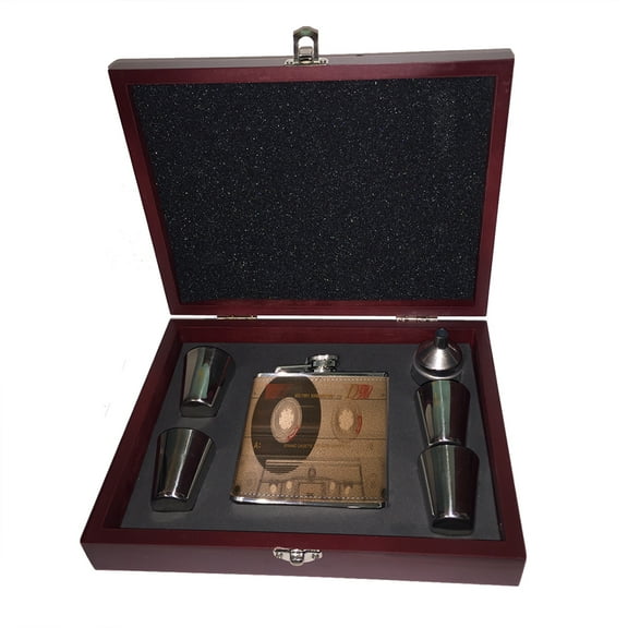 KuzmarK 6 oz. Leather Flask Set in Rose Wood Presentation Box -  Old School Cassette Tape