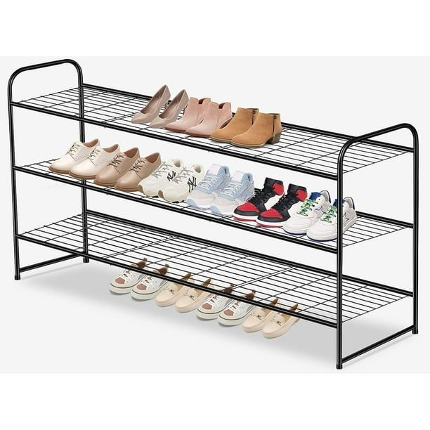 Zapatero de metal de 3 niveles largo para armario, organizador de almacenamiento de zapatos apilable ancho para entrada, dormitorio, piso, 24 pares de zapatillas de hombre, estante para zapatos con