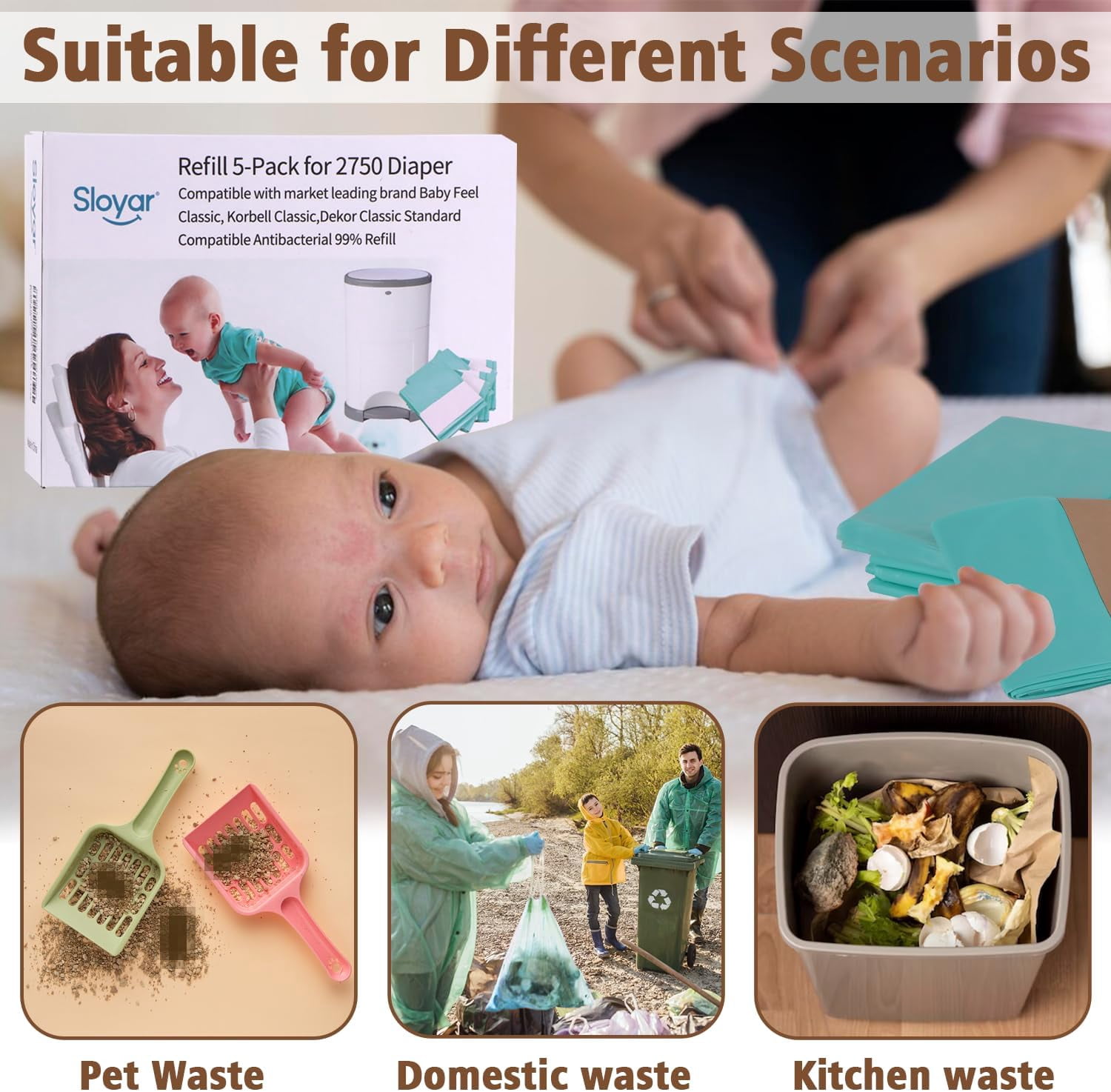 Refills Compatible with DEKOR CLASSIC Diaper Pails/5 Pack/Versatile and Functional/Suitable for Seniors and Infants/Baby Powder Fragrance/Holds up to 2750 Diapers