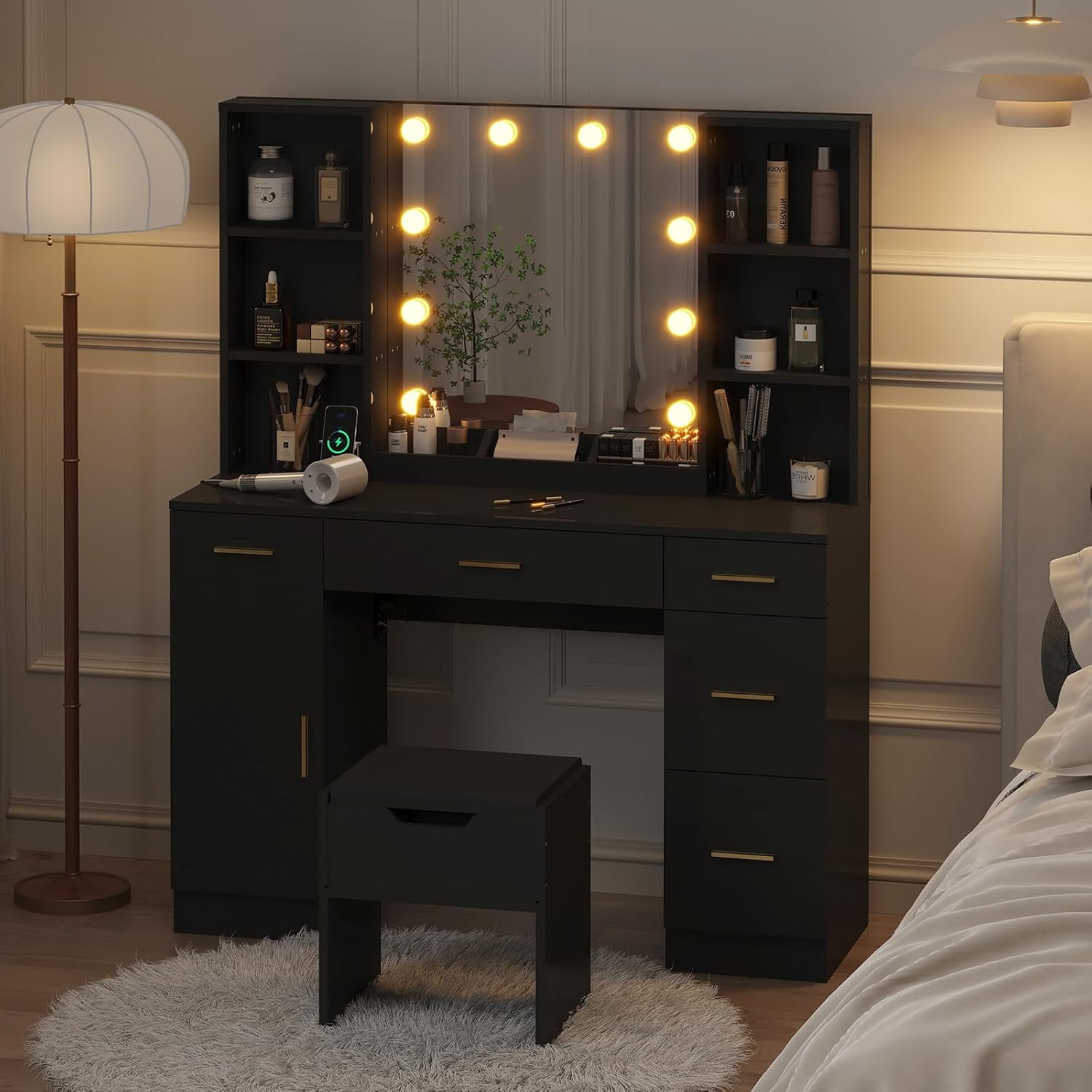 COZONY Vanity Desk with Mirror, Makeup Dressing Table Playset, Charging Station, 6 Open Shelves, 5 Drawers & Cabinet Door, 10 LED Bulbs & 3 Modes, Bedroom, Bathroom, Living Room, Black
