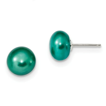 - Sterling Silver 10-10.5mm Freshwater Cultured Button Pearl Teal Earrings.