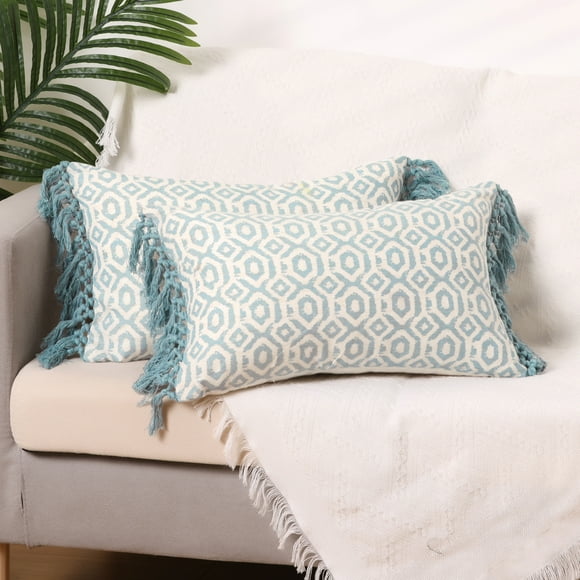 REGALWOVEN Juego de 2 fundas de cojín decorativas impresas con borlas para sofá azul-4 12" x 20"