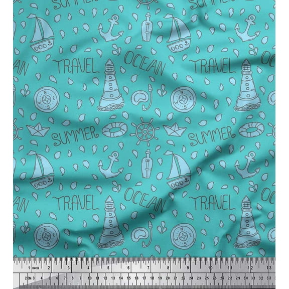 Soimoi Blue Cotton Voile Fabric Yacht & Direction Compass Nautical Decor Fabric Printed Yard 42 Inch Wide