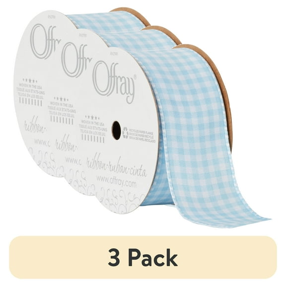 (3 pack) Offray Ribbon, Powder Blue 1 1/2 inch Gingham Check Woven Ribbon, 9 feet
