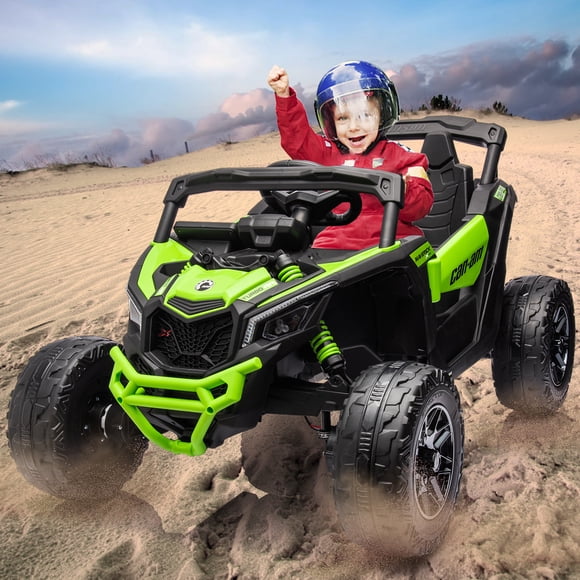 Coche eléctrico infantil UTV Can-Am 12V - Biplaza grandeza tamaño - Control remoto - Luces LED - Música - Suspensión reforzada - Vehículo todoterreno para niños y niñas - Juguete ride on - Color green