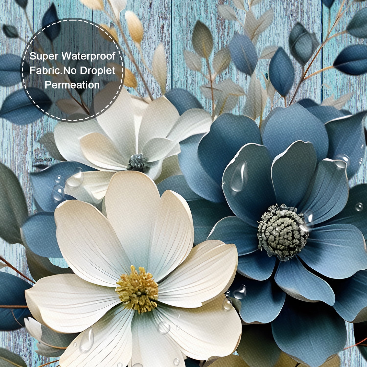 LVRLVR 1/4 Teal Floral & Distressed Blue Wood Fabric Shower Curtain Rug Set - 3D Flower Bath Mat Bathroom Decoration,Teal, 70.8" × 70.8"