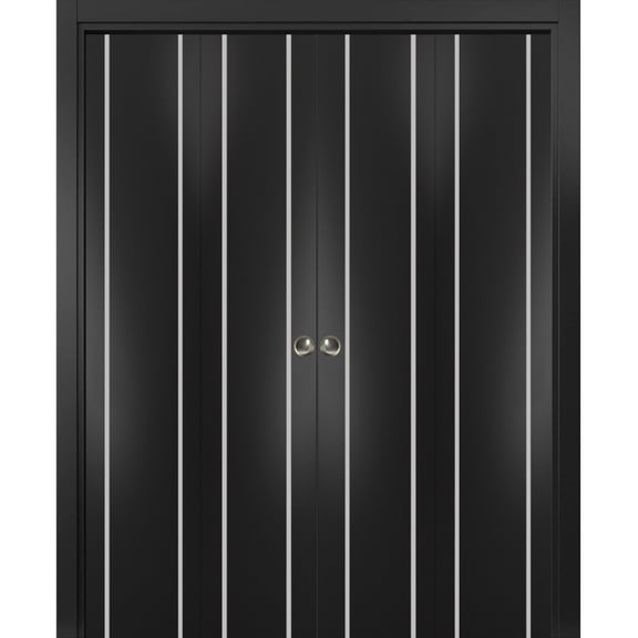 Sliding Closet Double Bi-fold Doors | Planum 0410 Matte Black with Frosted Glass | Sturdy Tracks Moldings Trims Hardware Set | Wood Solid Bedroom Wardrobe Doors