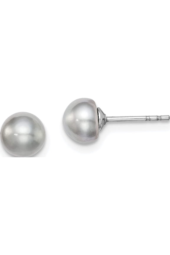 Sterling Silver Rh-Plated 5-6mm Grey Fw Cultured Button Pearl Stud Earrings Made In Canada qe12676