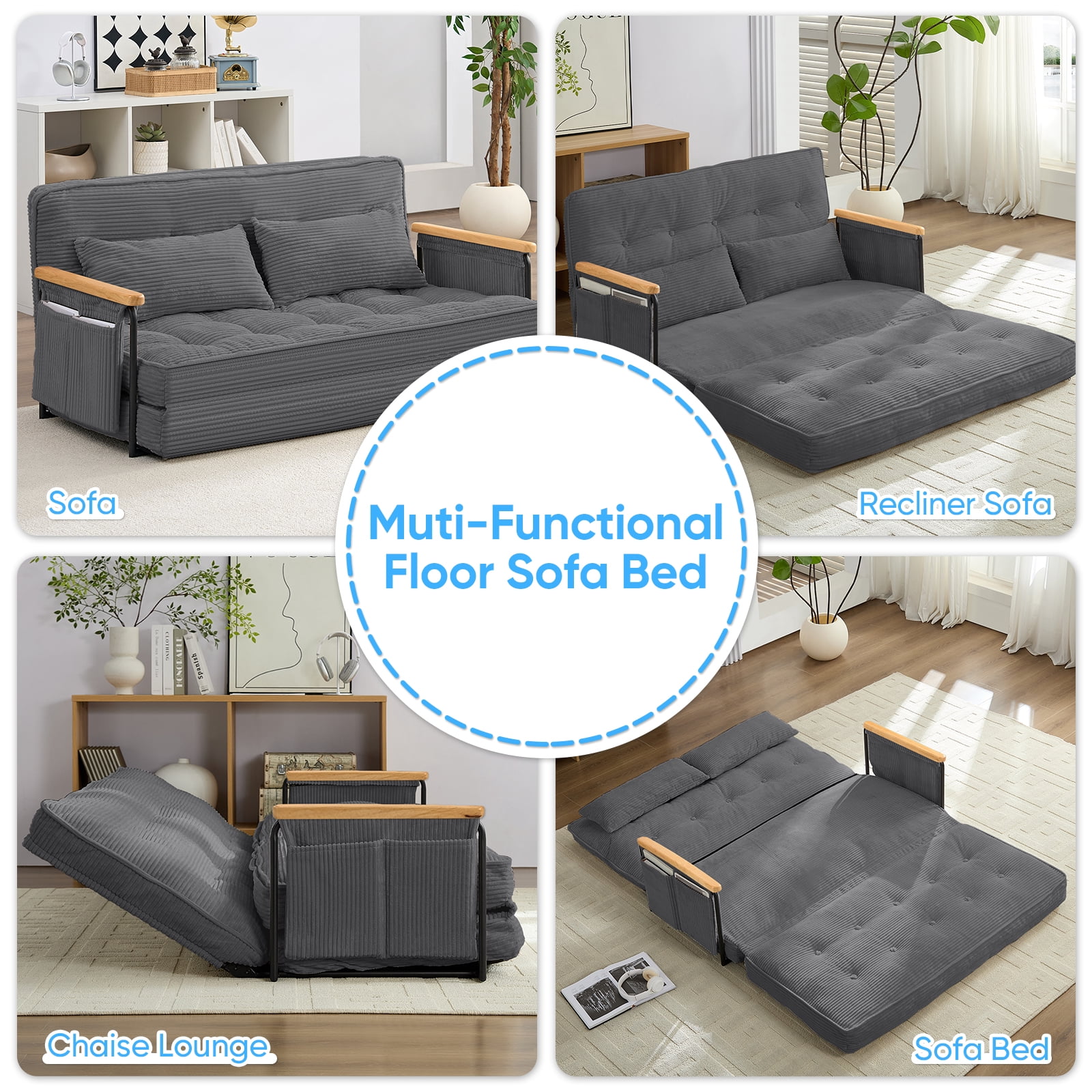 BALUS Futon Sofa Bed, 4-in-1 Corduroy Floor Couch Bed with Folding Mattress, Convertible Sleeper Sofa for Living Room, Grey
