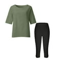 thumbnail image 3 of Fmbrln Womens Summer 2 Piece Sets Casual Crew Neck 3/4 Sleeve Linen Tops and Elastic Waist Capri Leggings Sets Athletic Workout Sets Lounge Sets Army Green XL, 3 of 5