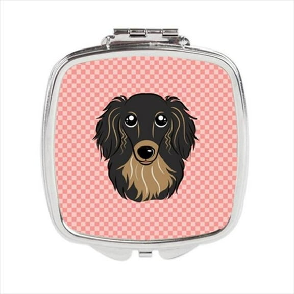 Carolines Treasures  Checkerboard Pink Longhair Black And Tan Dachshund Compact Mirror - 2.75 x 3 x .3 In.