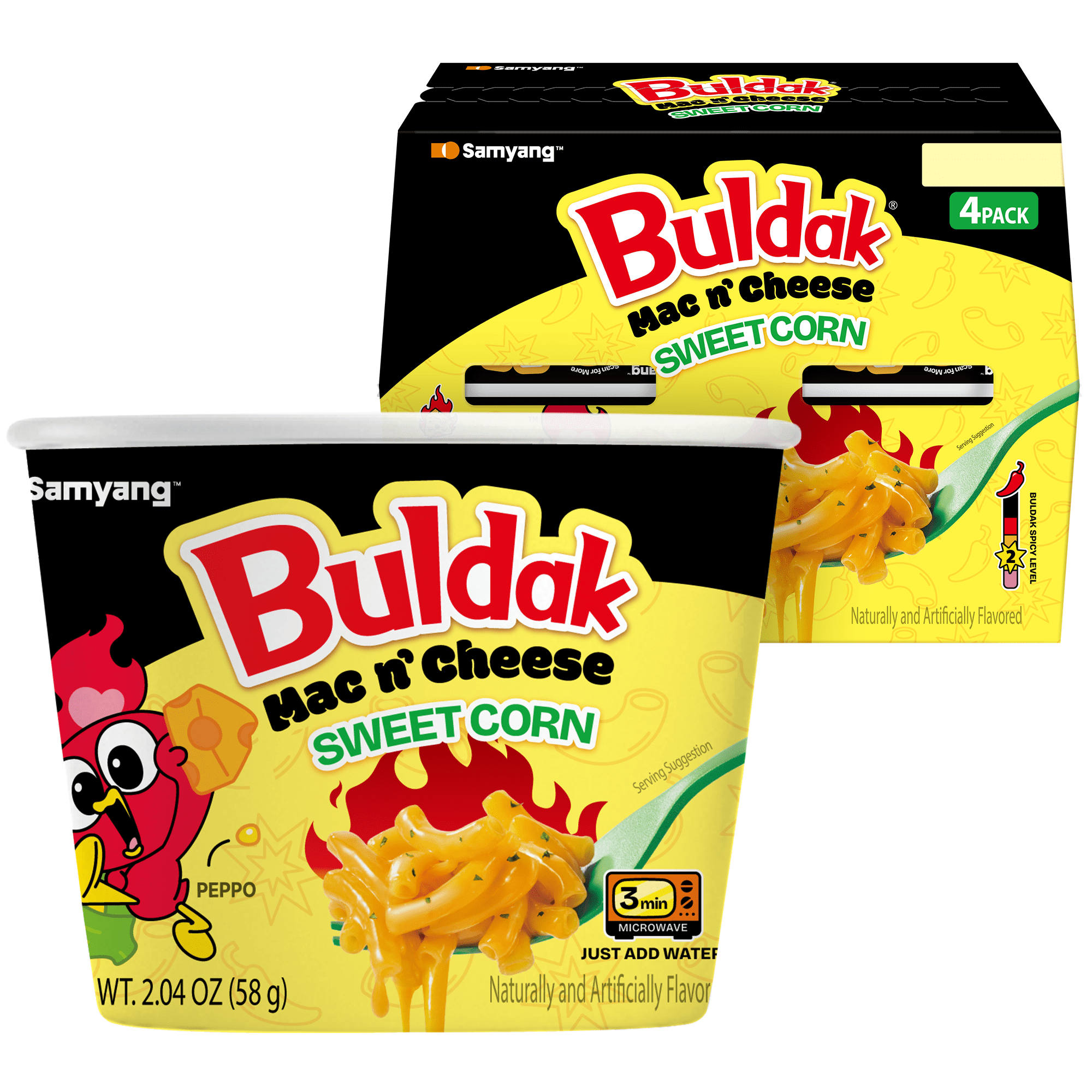 Samyang Buldak Sweet Corn Mac & Cheese, No Milk Required, 4 Pack, 2.04 oz Cups