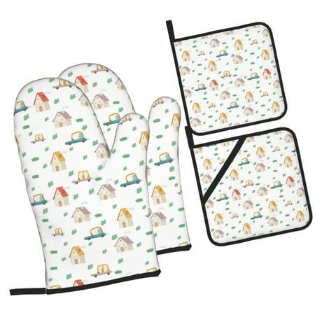 

Fotbe Cartoon House for 4Pcs Oven Mitts and Pot Holders 500℉ Heat Resistant Oven Mitts Non-Slip Silicone Surface Safe for Baking Cooking BBQ