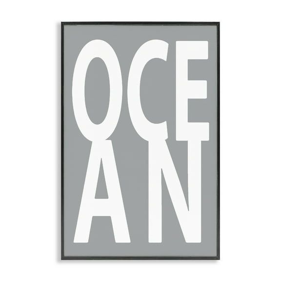 Stupell Industries Ocean Word on Grey Typography Painting Black Framed Art Print Wall Art, 12 x 18
