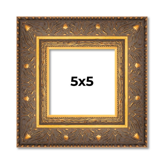 5x5 Frame Vintage Gold Solid Wood Picture Frame | 2.5 Inch Moulding Width | Ornate Bronze Museo