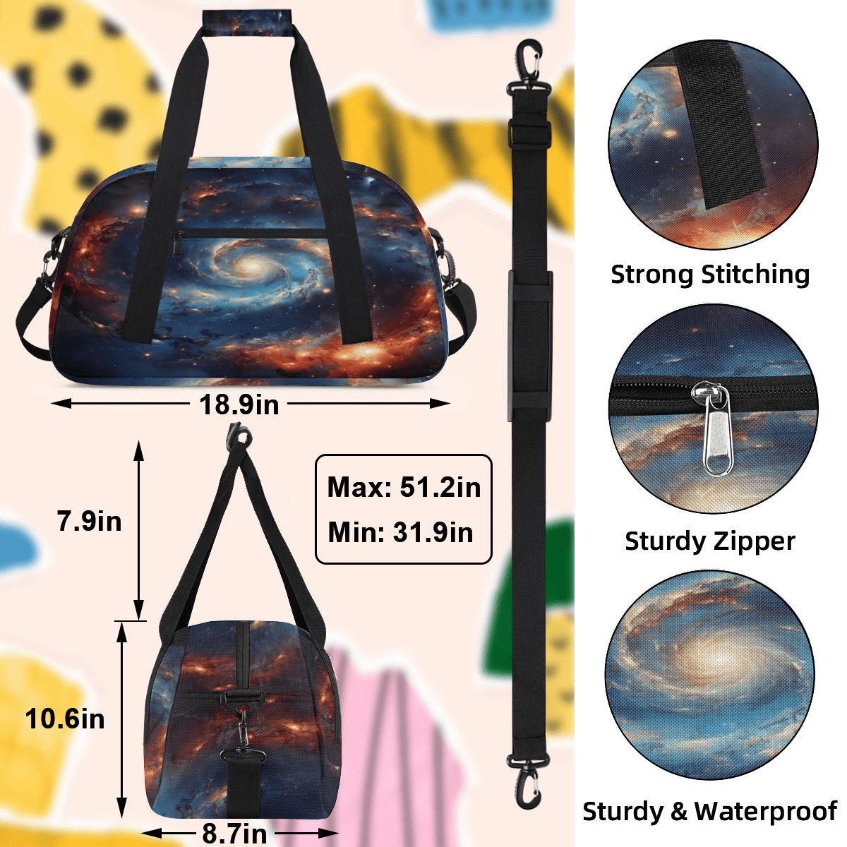 Herdesigns Space Sports Duffle Bag for Women & Men, Galaxy Nebula Outer Space Gym Bag Dance Bag Overnight Bag Carry On Weekender Travel Bag