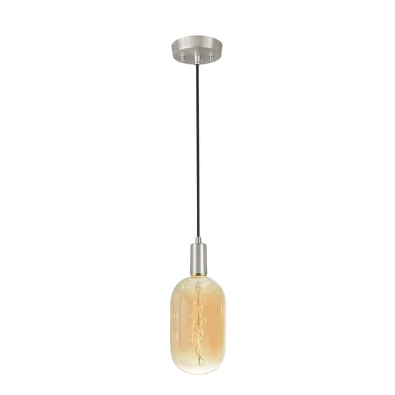 Aspen Creative 79007-11, One-Light Hanging Socket Pendant Fixture in Satin Nickel Finish with T135 Vintage Edison Decorative LED Amber Light Bulb