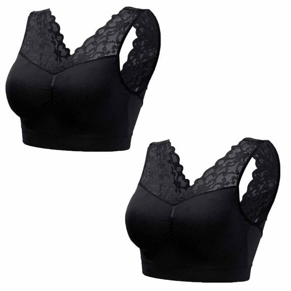 2Pcs Women's Sexy Lace Deep V Bralette Comfort Revolution Crop Top Full Figured Supportive Wirefree Bra Plus Size Black+Black M-3XL
