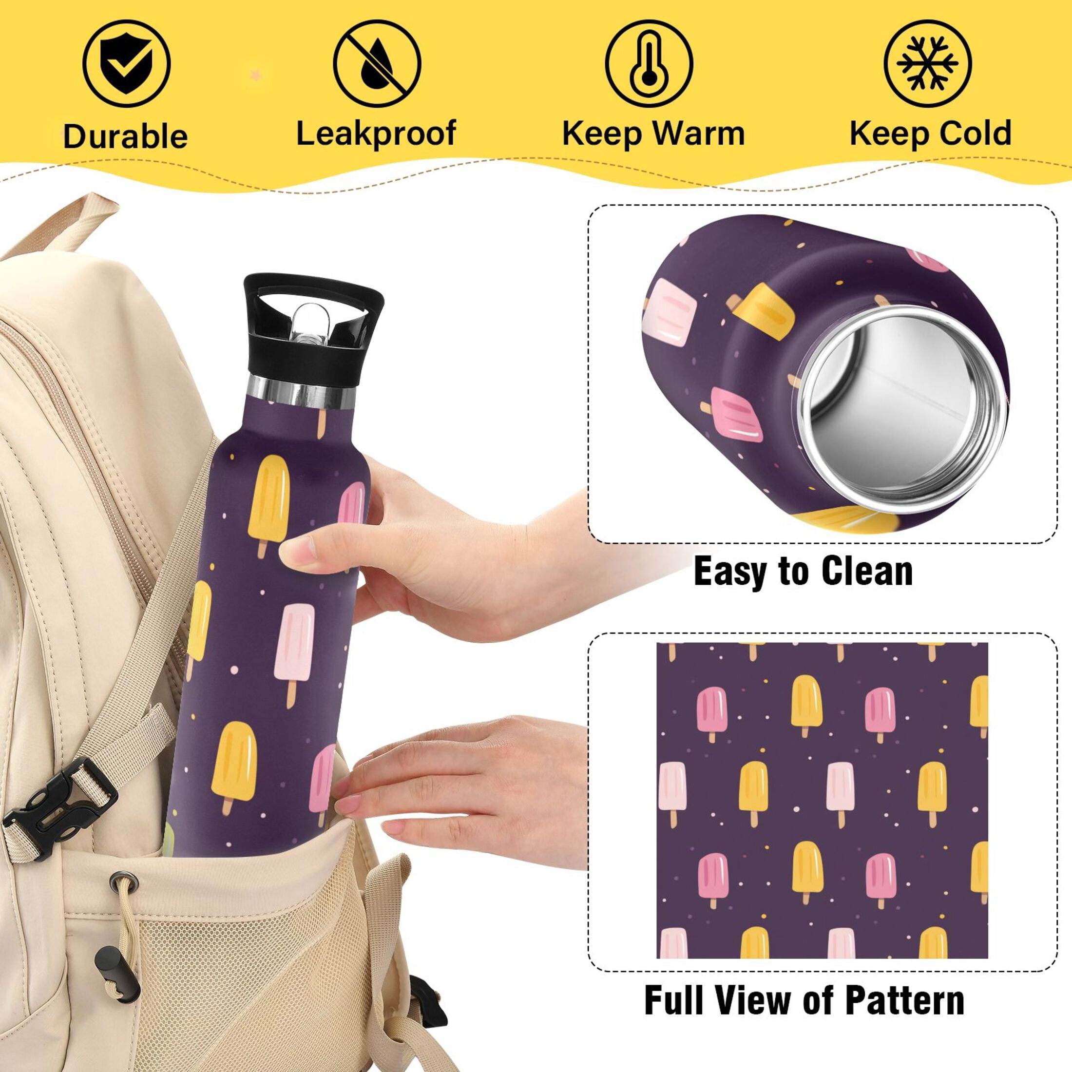 Kids Insulated Stainless Steel Sports Water Bottle 600ml Pink and Yellow Popsicle Pattern
