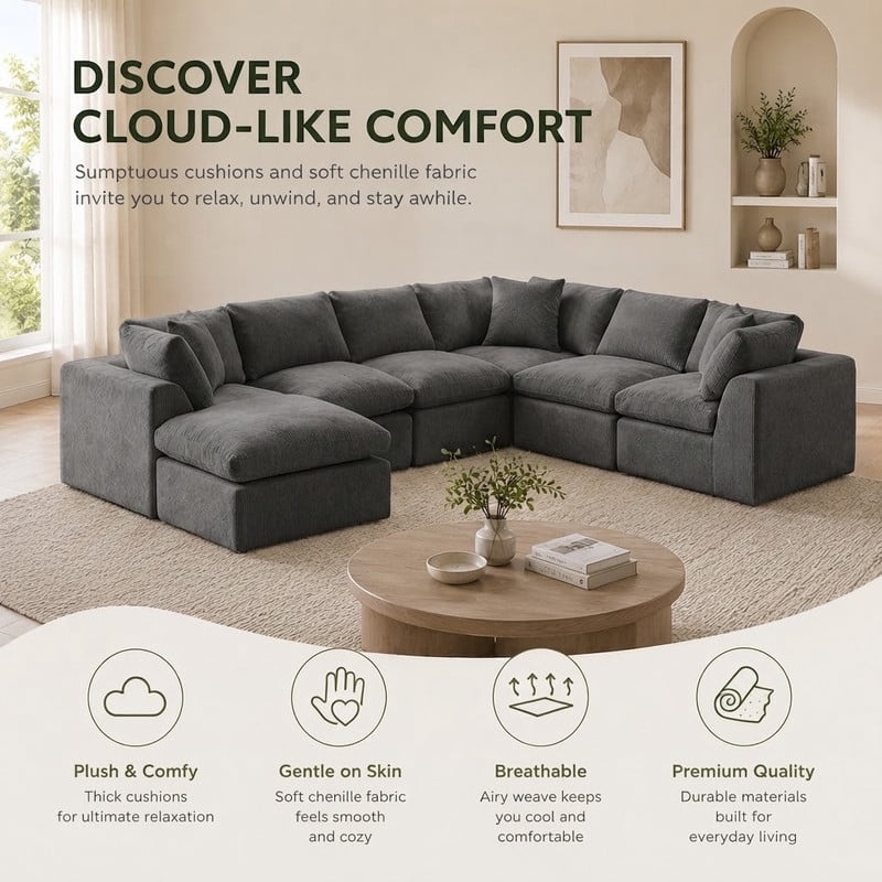 Oversized U-Shaped Sectional Sofa with Ottoman, 7-Seater Modular Chenille Cloud Couch, Deep Seat Frameless Sofa for Living Room, Apartment, Office