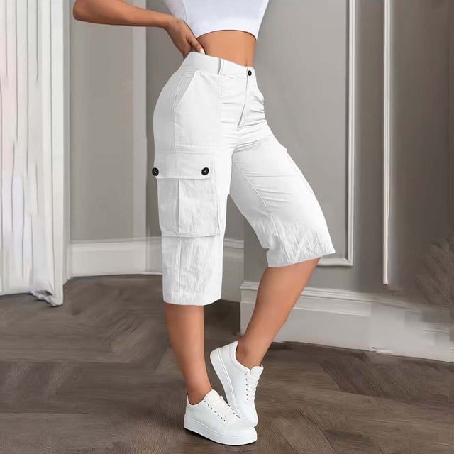 TaTaai Women's Fashion Casual Solid Color 5-Length Cargo Pants Half Elastic Back Waist Button Zipper with Side Pockets Comfortable Versatile Shorts Gift