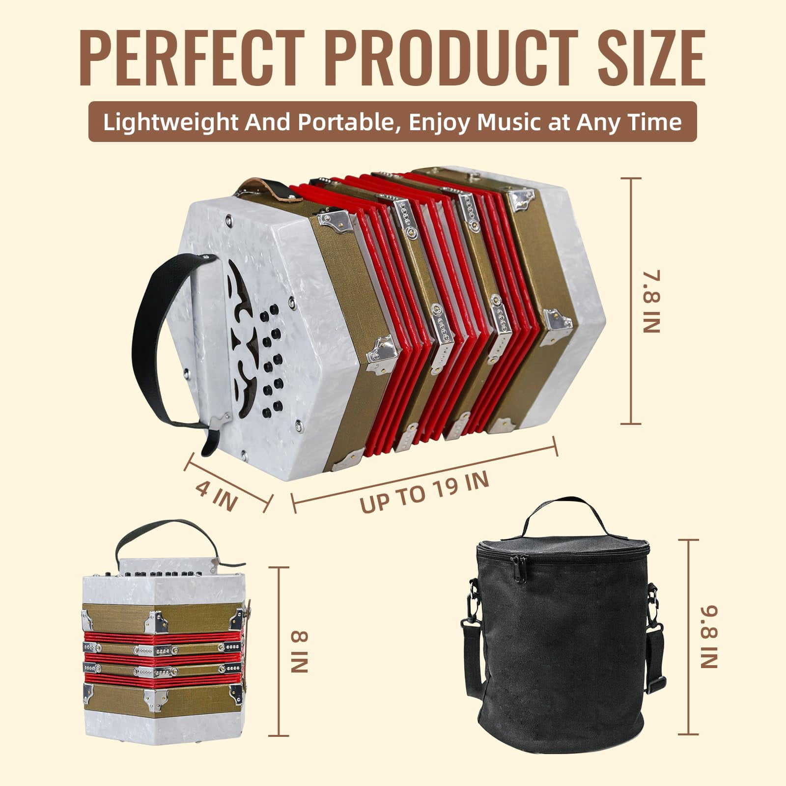 Rowadtim 20-Key White Concertina Accordion for Adults, Professional Beginner Instrument with Adjustable Hand Straps and Full Accessories