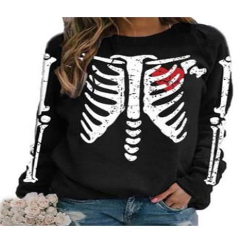 6865 Women Halloween Sweatshirt Long Sleeve Crewneck Casual Pullover Skull Print Oversize Loose top Blouse