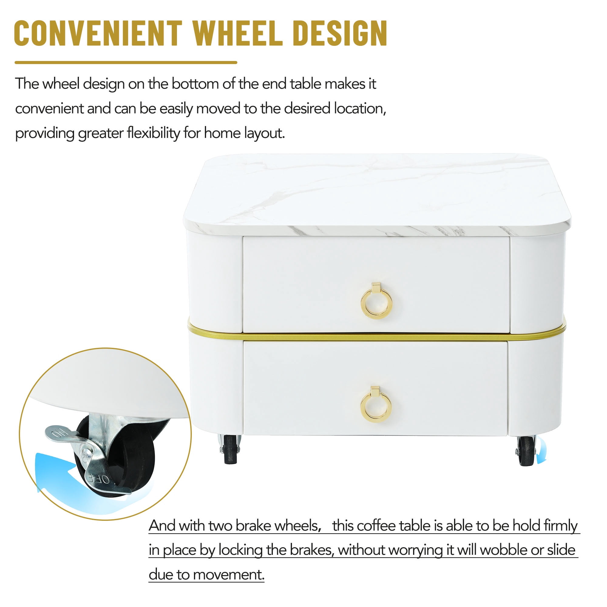 PORKISS 2-in-1 Nesting Coffee Table, Modern Square Coffee Table with Wheels and Drawers, Small Stacking Coffee Table with High Gloss Marble Grain Top and Tempered Glass for Living Room, White/ Gold