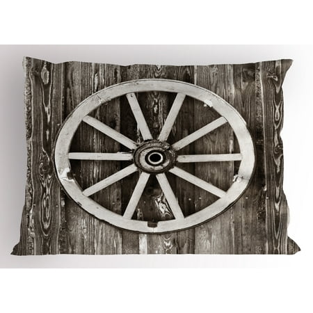 Village Circle - Barn Wood Wagon Wheel Pillow Sham Retro Wheel on Timber Wall Barn House Village Cart Circle, Decorative Standard Size Printed Pillowcase, 26 X 20 Inches, Dark Brown and White, by Ambesonne