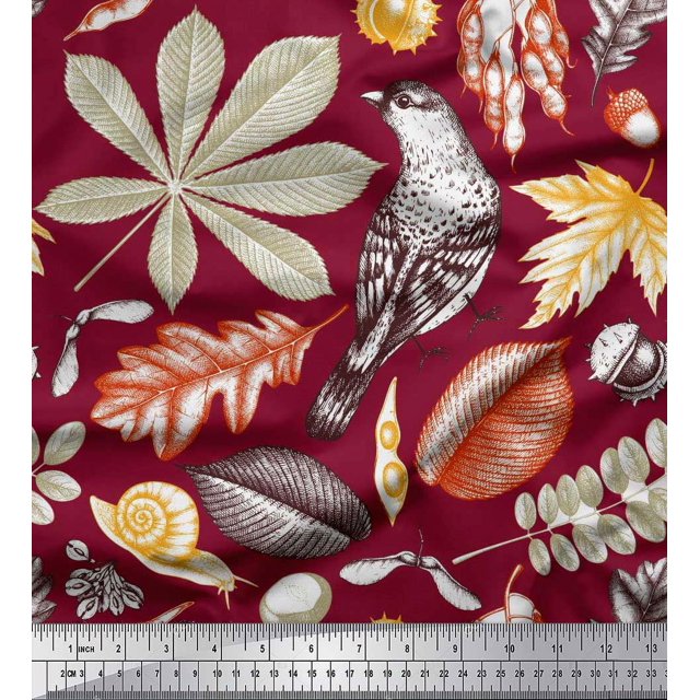 Soimoi Silk Fabric Bird & Leaves Decor Fabric Printed Yard 42 Inch Wide