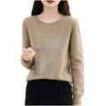 thumbnail image 2 of Suéter de cuello redondo para mujer, color liso, cuello redondo con diamantes de imitación como base, suéter de punto de manga larga y cuello redondo, blusa para mujer, 2 of 4