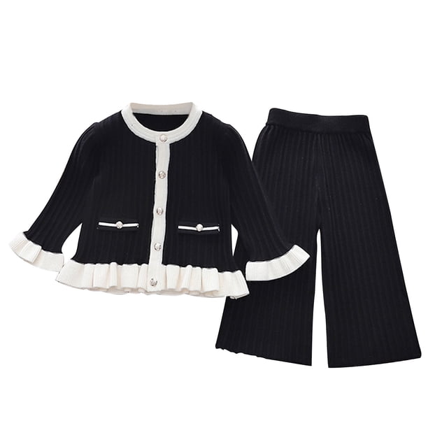 Odeerbi 0-11 Años Conjunto de Niñas Chaqueta de Manga Larga de Punto Con Volantes Pantalón de Pata Ancha Conjunto de Dos Piezas