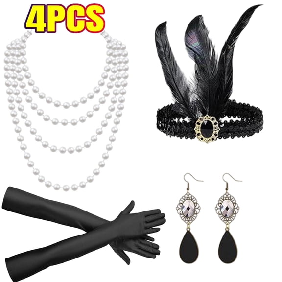 Women 1920s Flapper Set,Roaring 20s Headband Headpiece Black Vintage Costume Accessories