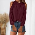 thumbnail image 3 of Fanxing Ladies Cold Shoulder Tops Trendy Ruffled Long Sleeve Shirts Loose Fit Tunic Blouses Solid Color Tunic Tees Shirt Wine,L, 3 of 7