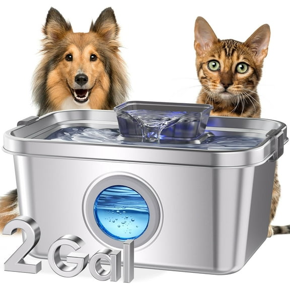 Dog Water Fountain, 2 Gallon 304 Stainless Steel Large Pet Water Fountain for Dogs & Cats, Ultra Quiet Indoor Pet Fountain, Safety Lock, 3 Replacement Filters Included, Smart Pump Protection