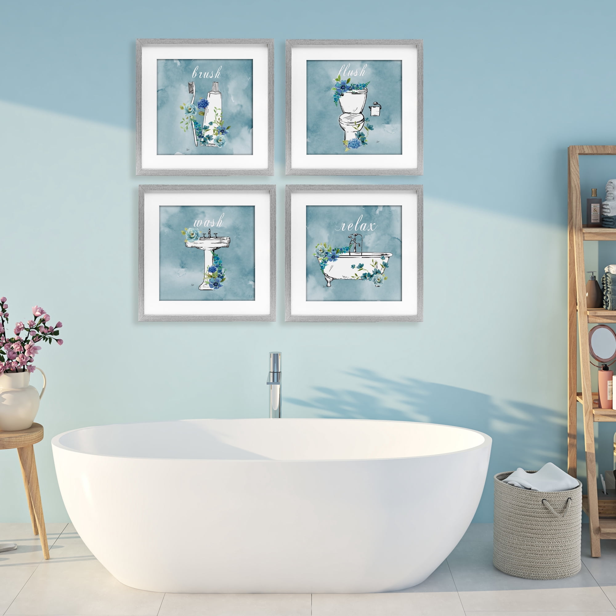 Stupell Industries Blue Floral Bathroom Rules 4 Piece Gray Framed Print Under Glass Set, design by Nan