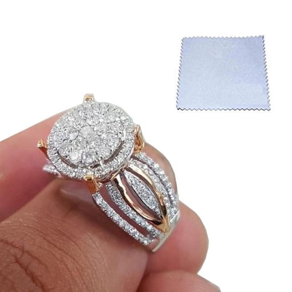 shngshifan Two-Tone Diamond Cluster Ring, 925 Sterling Silver, Size 6(Polishing Clean Cloth)
