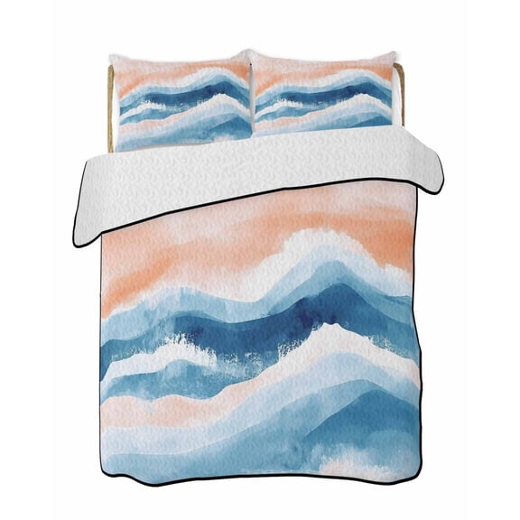 Quilts Full Size, Orange Navy Blue Ombre Soft Comforter Bedding Set for Bed, Abstract Beach Waves Gradient Lightweight Quilted Bedspread with Pillow Cover(2 Pieces) for All Season, 78x90 Inch