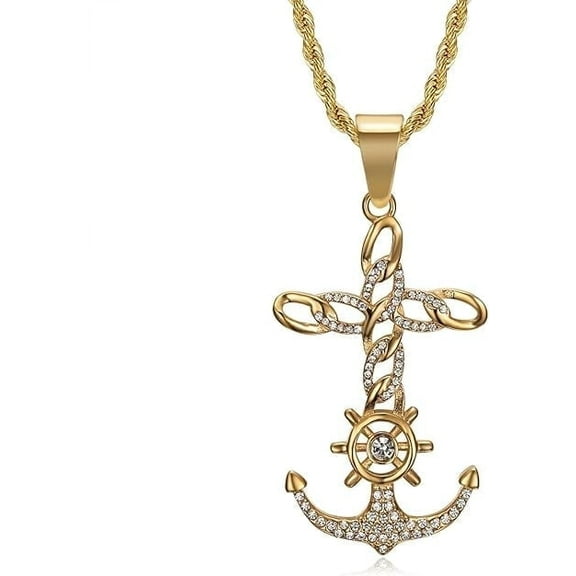 NEGS 18K Gold Plated Vintage Nautical Anchor Pendant 24'' Chain Crucifix Cross Catholic Christian Stainless Steel Necklace for Men Women