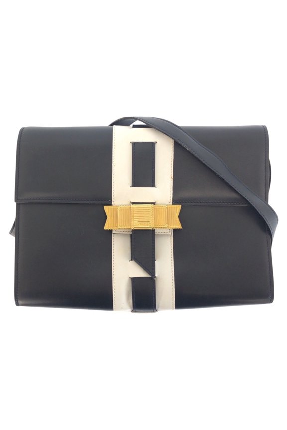 Pre-Owned CELINE Vintage Logo Ribbon Hardware Navy White Gold Leather Shoulder Bag Pouch for...
