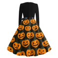 thumbnail image 5 of Halloween Dresses for Women Skeleton Cocktail Long Sleeve Horror Swing Dress Castle 1950s Crew Neck Casual Dresses with Belt S, 5 of 5